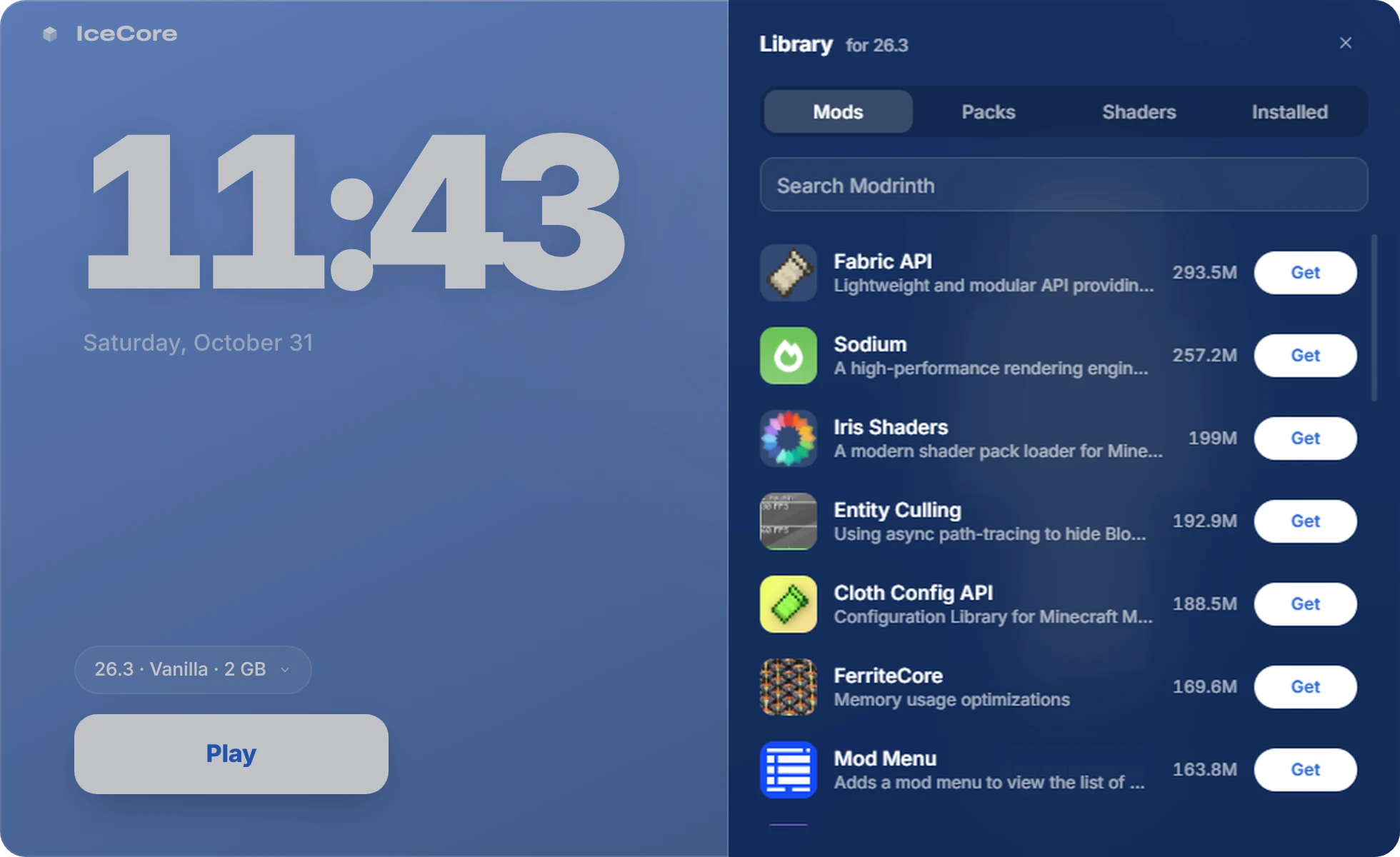 IceCore library panel listing mods from Modrinth
